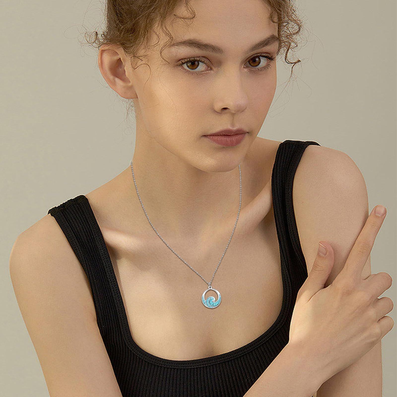 Waves Necklace 925 Sterling Silver Turquoise Crushed Stone Ocean Pendant Jewelry